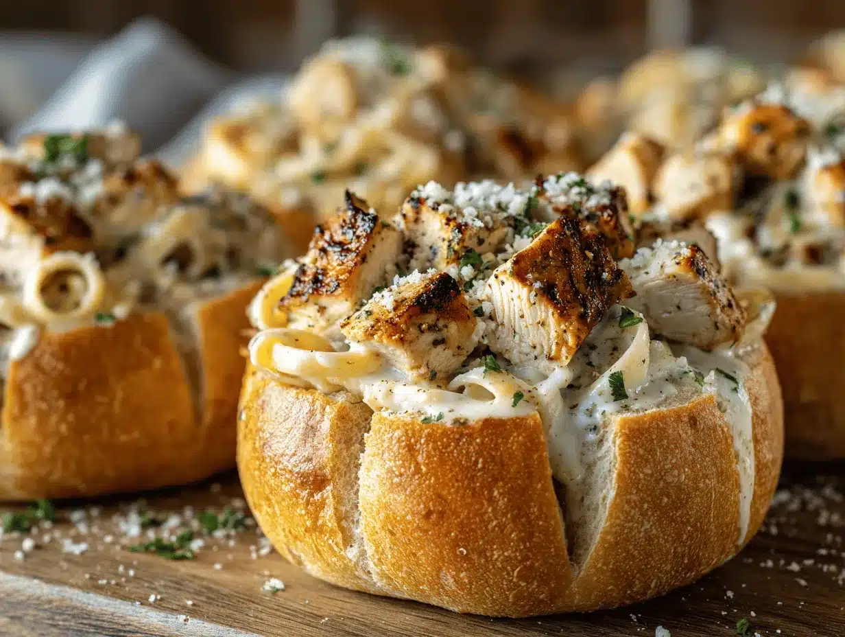 chicken Alfredo garlic bread bowls preparation steps