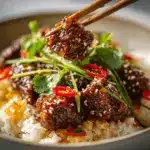 crispy chilli beef rice - featured image