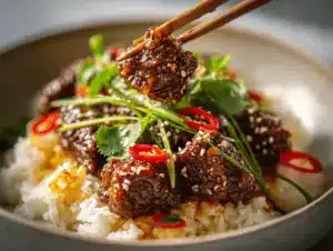 crispy chilli beef rice - featured image