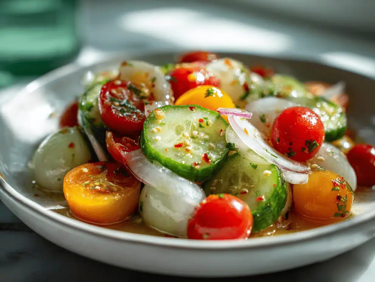 marinated cucumbers onions and tomatoes preparation steps